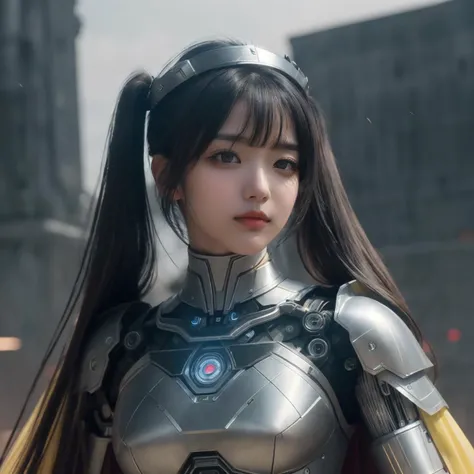 <lora:A-RandomSuper[mecha musume,mechanical parts,super robot joints,headgear,full armor]:0.6>, <lora:reelmech1v2:0.3>,scifi, female cyborg,(RAW photo, best quality), (realistic, 4k), high quality,finely detail,fantacy future,realistic,mature,photorealistic,detailed eyes, (shining headwear), (highly detailed face), cinematic lighting,scifi cloth,(beautiful face), landscape, mechanical flying parts,(red and yellow theme), <lora:K-AIgirl-face2:0.0.35> ,<hypernet:sxzBloom_sxzBloom:0.4>, LED armored skirt,LED multi layer suit:1.5,light arrow, scifi texture,long hair,smiling,eyes on viewer,high detailed suit,black Long Layered Haircuts,longeyelashes,robot joints,cape,mechanical Jet,(Vintage patterned armor),happy,(timid) ,<lora:GlyphTech:0.8>,glowing texture,twintails, <lora:wowifierV3:0.65>