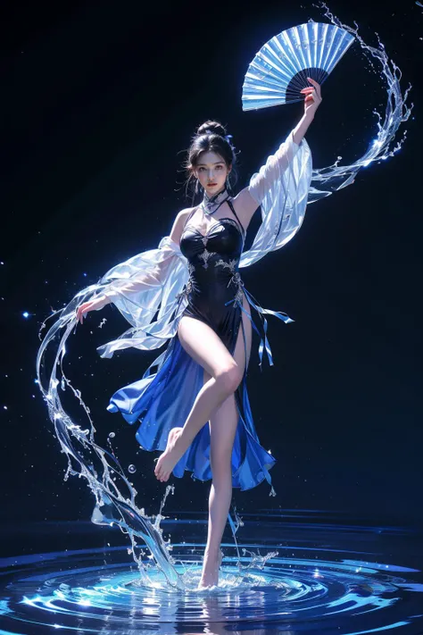 yushuishan, 1girl, hand fan, water, solo, long hair, holding, holding fan, dress, breasts, arm up, hair bun, bare legs, looking at viewer, full body, barefoot, detached sleeves, standing on one leg, blue dress, jewelry, standing, armpits, black background, single hair bun, reflection,
Best quality,masterpiece,ultra high res,<lora:20240324-1711284521625-0020:0.65>,