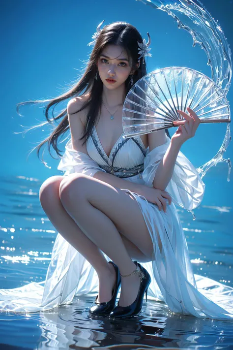 yushuishan, 1girl, high heels, hand fan, water, solo, bare legs, dress, squatting, hair ornament, holding, looking at viewer, jewelry, blue eyes, holding fan, chinese clothes, full body, black footwear, brown hair, long hair, breasts, closed mouth,
Best quality,masterpiece,ultra high res,<lora:20240324-1711284521625-0020:0.7>,