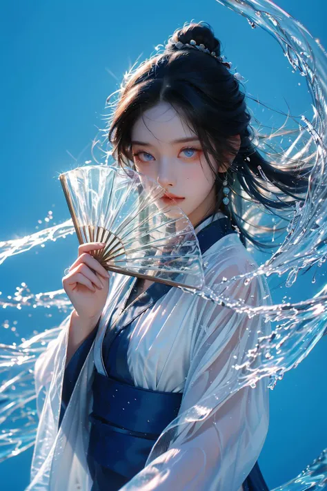 yushuishan,1girl,solo,hand fan,water,black hair,long hair,hair bun,looking at viewer,single hair bun,holding fan,holding,blue eyes,upper body,see-through,hair ornament,sash,wide sleeves,chinese clothes,folding fan,blue background,long sleeves,
Best quality,masterpiece,ultra high res,<lora:20240324-1711284521625-0020:0.7>,
