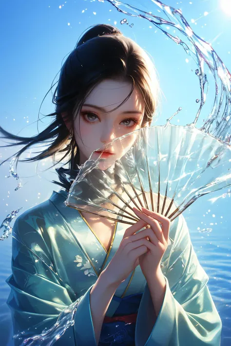 yushuishan, 1girl, solo, water, hand fan, looking at viewer, black hair, japanese clothes, kimono, holding, upper body, holding fan, realistic, folding fan,
Best quality,masterpiece,ultra high res,<lora:20240323-1711170356508-0020:0.7>,