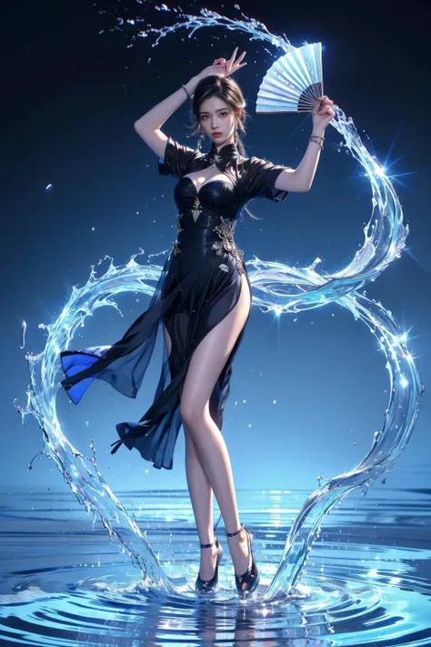 yushuishan, 1girl, solo, water, hand fan, holding fan, breasts, dress, full body, long hair, jewelry, braid, holding, looking at viewer, arm up, earrings, brown hair, folding fan, standing, ripples, bracelet, brown eyes, bangs, blue dress, clothing cutout, cleavage, parted lips, medium breasts, cleavage cutout, short sleeves,
Best quality,masterpiece,ultra high res,<lora:20240324-1711284521625-0020:0.65>,