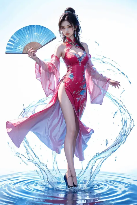 yushuishan, 1girl, water, solo, hand fan, clothing cutout, dress, long hair, cleavage cutout, full body, bare legs, breasts, ripples, brown hair, chinese clothes, high heels, holding, cleavage, standing on one leg, pink dress, jewelry, hair bun, hair ornament, holding fan, earrings, long sleeves, tassel, standing, looking at viewer, splashing, china dress,
Best quality,masterpiece,ultra high res,<lora:20240324-1711284521625-0020:0.65>,