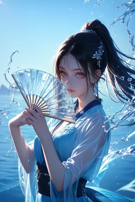 yushuishan, 1girl, hand fan, solo, water, ponytail, long hair, jewelry, upper body, earrings, looking at viewer, holding fan, hair ornament, dress, holding, blue dress, sash, black hair,
Best quality,masterpiece,ultra high res,<lora:20240324-1711284521625-0020:0.7>,