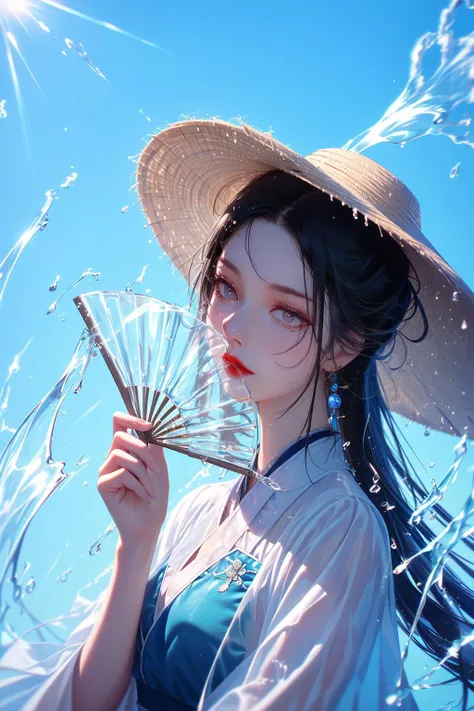 yushuishan, 1girl, hand fan, solo, water, holding fan, hat, long hair, holding, upper body, jewelry, earrings, red lips, chinese clothes, black hair, mole under eye, see-through, mole, blue sky, splashing,
Best quality,masterpiece,ultra high res,<lora:20240324-1711284521625-0020:0.7>,