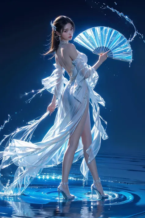 yushuishan, 1girl, water, high heels, dress, bare legs, hand fan, solo, long hair, looking back, ripples, full body, jewelry, white dress, hair ornament, forehead mark, splashing, brown hair, blue dress,
Best quality,masterpiece,ultra high res,<lora:20240324-1711284521625-0020:0.65>,