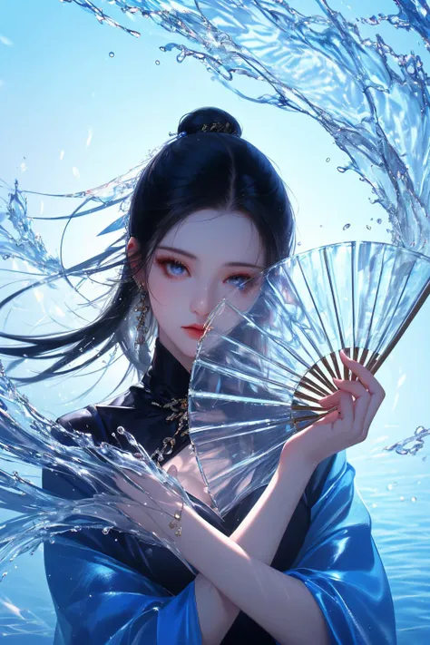 yushuishan, 1girl, hand fan, solo, long hair, water, blue eyes, upper body, holding fan, black hair, hair ornament, looking at viewer, holding, dress, forehead mark, facial mark,
Best quality,masterpiece,ultra high res,<lora:20240323-1711170356508-0020:0.7>,