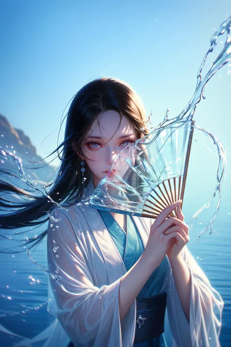 yushuishan, 1girl, solo, hand fan, water, holding, long hair, looking at viewer, holding fan, chinese clothes, upper body, blue eyes, paper fan, black hair, long sleeves,
Best quality,masterpiece,ultra high res,<lora:20240324-1711284521625-0020:0.7>,