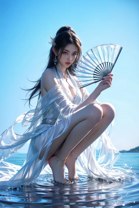 yushuishan, 1girl, long hair, hand fan, solo, jewelry, water, dress, barefoot, breasts, hair ornament, squatting, white dress, full body, holding, bare legs, anklet, cleavage, ripples, earrings, holding fan, tiptoes, forehead mark, closed mouth, folding fan,
Best quality,masterpiece,ultra high res,<lora:20240324-1711284521625-0020:0.7>,