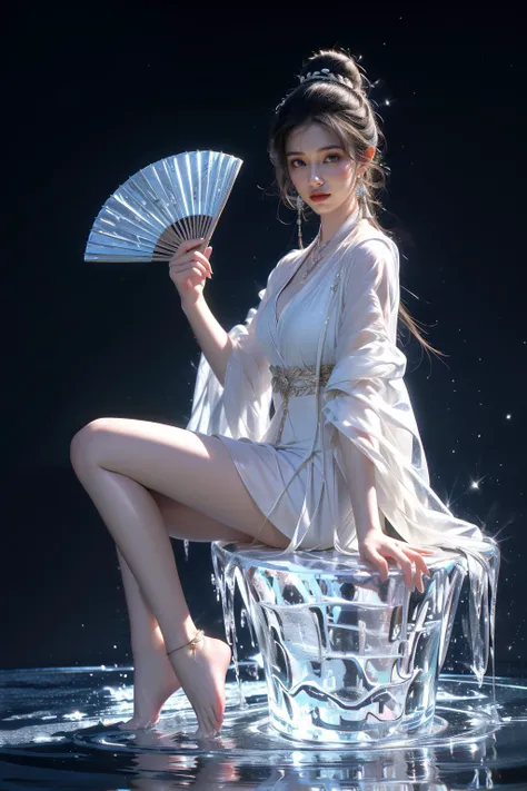yushuishan, 1girl, hand fan, solo, water, jewelry, barefoot, sitting, holding fan, holding, earrings, anklet, black background, looking at viewer, hair bun, dress, bare legs, full body, feet, legs, black hair, ice, white dress, toes, hair ornament, folding fan, single hair bun,
Best quality,masterpiece,ultra high res,<lora:20240324-1711284521625-0020:0.65>,