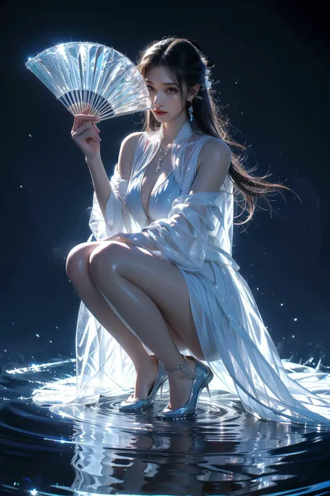 yushuishan, 1girl, water, high heels, solo, hand fan, bare legs, dress, long hair, white dress, black hair, squatting, breasts, jewelry, full body, holding, splashing, black background, earrings, white footwear, ripples, chinese clothes, holding fan, clothing cutout, dark background,
Best quality,masterpiece,ultra high res,<lora:20240324-1711284521625-0020:0.7>,