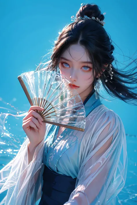 yushuishan, 1girl, solo, hand fan, water, hair ornament, looking at viewer, upper body, long hair, blue eyes, breasts, holding fan, holding, brown hair, flower, chinese clothes, cleavage, blue background,
Best quality,masterpiece,ultra high res,<lora:20240324-1711284521625-0020:0.7>,