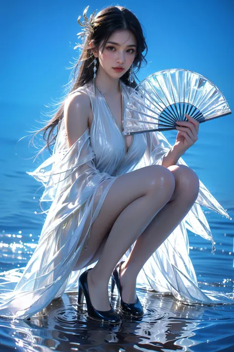 yushuishan, 1girl, high heels, hand fan, water, solo, bare legs, dress, squatting, hair ornament, holding, looking at viewer, jewelry, blue eyes, holding fan, chinese clothes, full body, black footwear, brown hair, long hair, breasts, closed mouth,
Best quality,masterpiece,ultra high res,<lora:20240324-1711284521625-0020:0.7>,