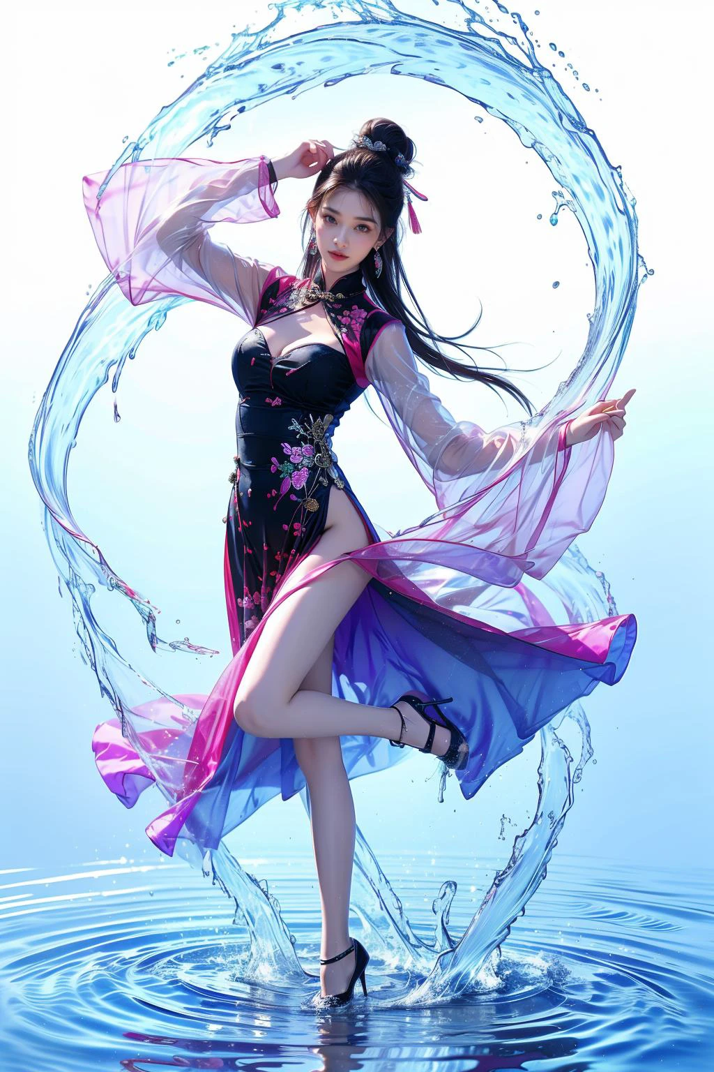 yushuishan, 1girl, water, solo, hand fan, clothing cutout, dress, long hair, cleavage cutout, full body, bare legs, breasts, ripples, brown hair, chinese clothes, high heels, holding, cleavage, standing on one leg, pink dress, jewelry, hair bun, hair ornament, holding fan, earrings, long sleeves, tassel, standing, looking at viewer, splashing, china dress,
Best quality,masterpiece,ultra high res,<lora:20240324-1711284521625-0020:0.65>,