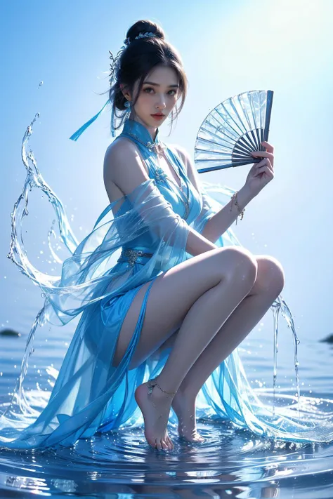 yushuishan, 1girl, high heels, hand fan, water, solo, bare legs, dress, squatting, hair ornament, holding, looking at viewer, jewelry, blue eyes, holding fan, chinese clothes, full body, black footwear, brown hair, long hair, breasts, closed mouth,
Best quality,masterpiece,ultra high res,<lora:20240324-1711284521625-0020:0.7>,
