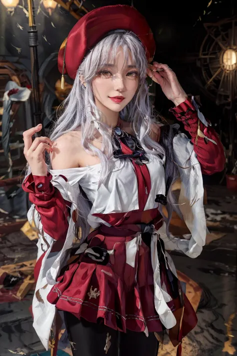 (Absurdres:1.2), beautiful and aesthetic, masterpiece, best quality, extremely detailed,
photo realistic:1.4 , delicate pattern, (intricate detail,extremely intricate:1.2),
(masterpiece:1.2, best quality), (highly detailed:1.3), realistic, realistic details, detailed, <lora:add_detail:1>, 
(pureerosface_v1:0.5) , (ulzzang-6500-v1.1:0.5),    <lora:[00]SAFACE02:1>,
smaller head, beautiful face, shaded face, smaller face, 
------
night, moon, rusted oil rig, creaking metal, toxic spills, remnants of an industrial past, Posing as if holding a large book,  <lyco:fitgirl_v10:0.8>
------
there is a woman with long white hair with grey pants and a red hat, 1girl, caren hortensia, shawl, brooch, long hair, beret, red headwear, hat, bangs, pantyhose, wavy hair, dress, jewelry, yellow eyes, bird, red dress, breasts, long sleeves, feathers, neck ribbon, white hair, ribbon, solo, smile,<lora:caren:1>