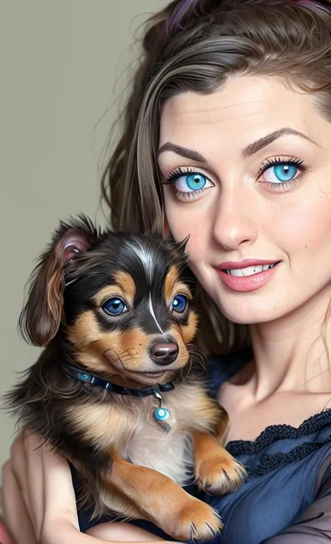 8k, sharp focus, award winning portrait photo of a woman, stacisv13-2100, close up, green eyes, brown hair, smile, wearing a blue dress, holding a puppy