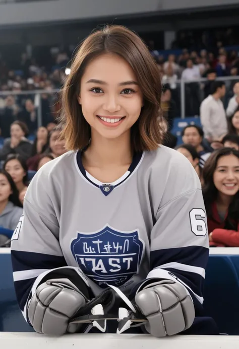 (medium full shot) of (elegant hockey player) young woman, thai, tan skin, hazel eyes, tiny build, medium dark hime cut hair,  wearing a grey team uniform top,  hockey pants, ice skates, holding a hockey stick, gloves, set in  Spectator Stands, rows of seating, fans cheering, a great view of the ice, some fans holding signs, a lively atmosphere, at sunset, woman smiling at the viewer,  ,Masterpiece,best quality, photo, realistic, very aesthetic, detailed face,