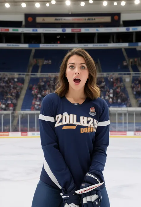 (medium full shot) of (stunning hockey player) young woman, french, tan skin, olive green eyes, curvy build, short brown straight down hair, wearing a navy blue clean white jersey, hockey helmet, padded shorts, ice skates, puck, set in Arena, Press Box, equipped with desks and chairs, overlooking the rink, complete with broadcasting equipment, windows providing a clear view of the action, monitors displaying game stats, at sunset, woman surprised, open mouth, pointing her finger at the viewer, ,Masterpiece,best quality, photo, realistic, very aesthetic, detailed face,