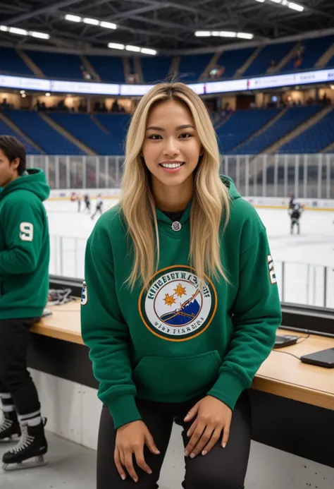 (medium full shot) of man, (imposing hockey player) young woman, philippine, tan skin, hazel eyes, normal build, extra long blonde straight down hair,  wearing a green hoodie,  comfortable pants, ice skates, shoulder pads, set in  Arena, Press Box, equipped with desks and chairs, overlooking the rink, complete with broadcasting equipment, windows providing a clear view of the action, monitors displaying game stats, at sunset, woman laughing, squatting, Masterpiece,best quality, photo, realistic, very aesthetic, detailed face,