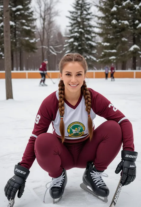 (medium full shot) of man, (strong hockey player) young woman, brazilian, tan skin, hazel eyes, willowy build, extra long red french braid hair,  wearing a maroon crisp white jersey,  sweatpants, ice skates, gloves, set in  Outdoor Rink, surrounded by trees, fresh snow on the ground, a small warming hut nearby, benches for changing skates, kids playing hockey, adults skating leisurely, woman smiling at the viewer, Masterpiece,best quality, photo, realistic, very aesthetic, detailed face,