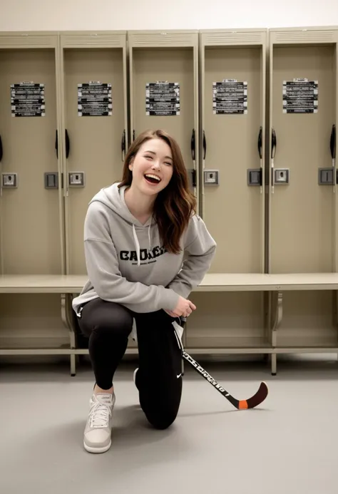 (medium full shot) of (elegant hockey player) young woman, chinese, pale skin, brown eyes, curvy build, long hazel french twist hair, wearing a grey hoodie, athletic pants, sneakers, holding a hockey stick, shoulder pads, set in Locker Room, spacious room with individual lockers, benches in the center, equipment strewn about, motivational posters on the walls, a whiteboard for strategy planning, at sunset, woman laughing, squatting, ,Masterpiece,best quality, photo, realistic, very aesthetic, detailed face,