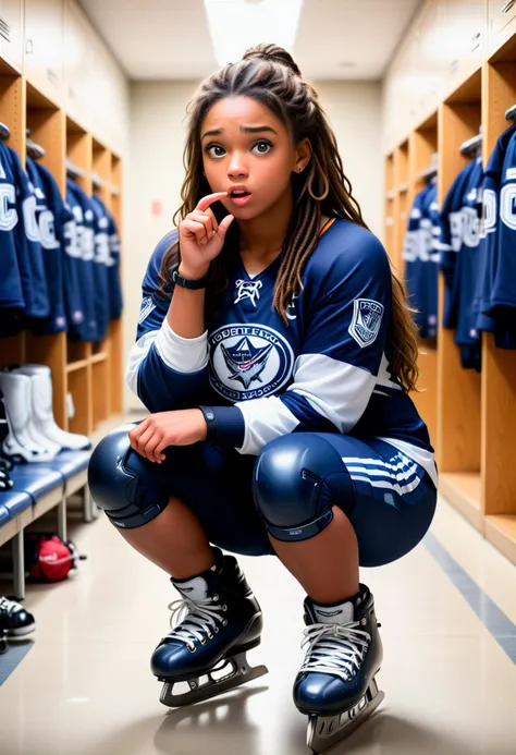 (medium full shot) of (photogenic hockey player) young woman, black american, dark skin, hazel eyes, full-figured build, extra long hazel dreadlocks hair,  wearing a navy blue jersey,  athletic pants, ice skates,  shin guards, set in  Team Dressing Room, rows of lockers, hockey gear neatly arranged, a large team logo on the floor, comfortable seating, a television in the corner, woman surprised, open mouth, pointing her finger at the viewer,  ,Masterpiece,best quality, photo, realistic, very aesthetic, detailed face,