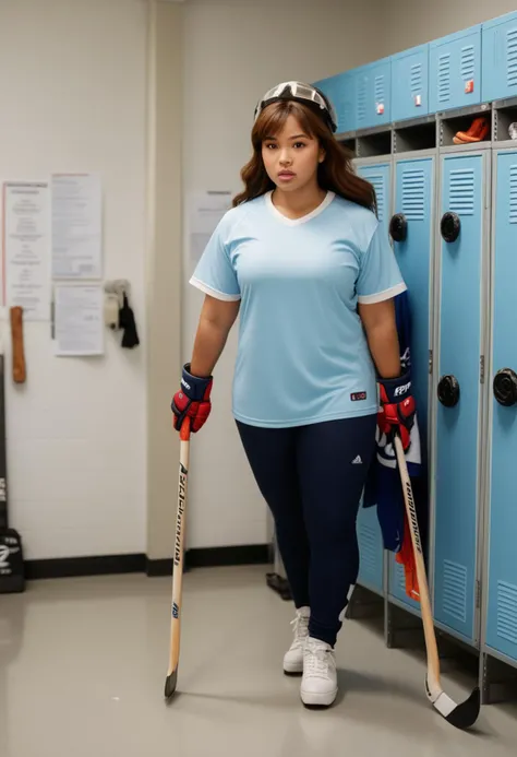 (medium full shot) of (fashionable hockey player) young woman, philippine, tan skin, light brown eyes, full-figured build, medium brown side-swept bangs hair,  wearing a light blue practice jersey, hockey helmet, comfortable pants, sneakers, holding a hockey stick, shin guards, set in  Equipment Room, adjacent to the locker room, shelves stocked with spare equipment, a workbench for repairs, neatly organized, a small fridge with drinks , at sunset, woman surprised, open mouth, running toward the viewer,  ,Masterpiece,best quality, photo, realistic, very aesthetic, detailed face,