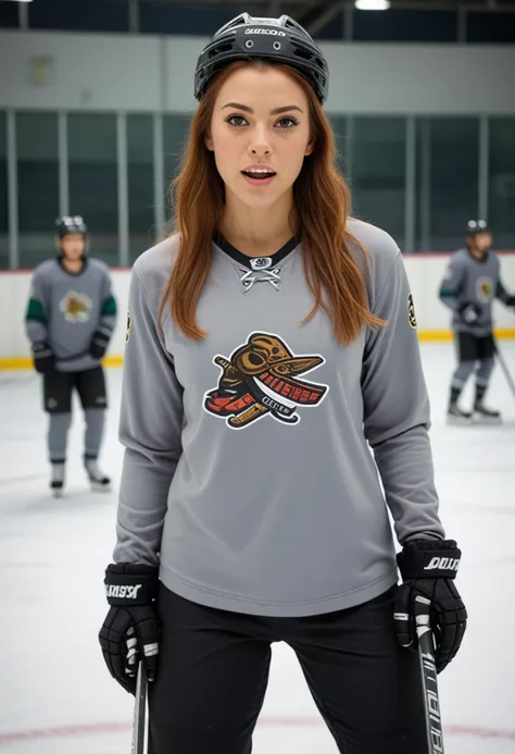 (medium full shot) of man, (muscular hockey player) young woman, mexican, mocha skin, light brown eyes, busty build, extra long ginger straight down hair, wearing a grey team uniform top, hockey helmet, sweatpants, ice skates, holding a hockey stick, set in Practice Rink, smaller than the main rink, used for team practices, nets at either end, cones and pucks scattered on the ice, a few spectators watching, woman surprised, open mouth, pointing her finger at the viewer, Masterpiece,best quality, photo, realistic, very aesthetic, detailed face,