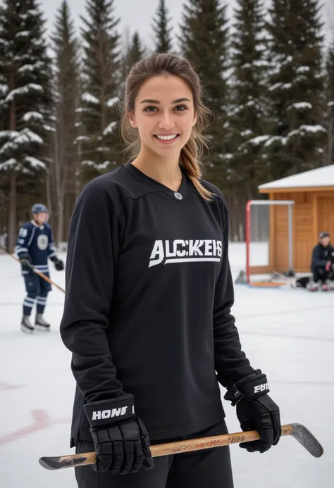 (medium full shot) of man, (agile hockey player) young woman, italian, tan skin, light brown eyes, Average build, long dark updo hair,  wearing a black team uniform top,  sweatpants, sneakers, holding a hockey stick, set in  Outdoor Rink, surrounded by trees, fresh snow on the ground, a small warming hut nearby, benches for changing skates, kids playing hockey, adults skating leisurely, at night, woman smiling at the viewer, Masterpiece,best quality, photo, realistic, very aesthetic, detailed face,