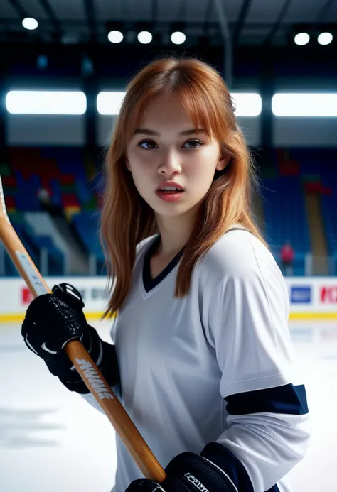 (medium full shot) of (stylish hockey player) young woman, thai, light skin, brown eyes, normal build, medium ginger curtain bangs hair,  wearing a white neatly pressed white jersey,  athletic pants, ice skates, holding a hockey stick, holding a puck, set in  Indoor Rink, bright overhead lights, smooth ice surface, boards and glass enclosing the rink, benches for players, a scoreboard at one end, woman surprised, open mouth, running toward the viewer,  ,volumetric lighting, Masterpiece,best quality, photo, realistic, very aesthetic, detailed face,