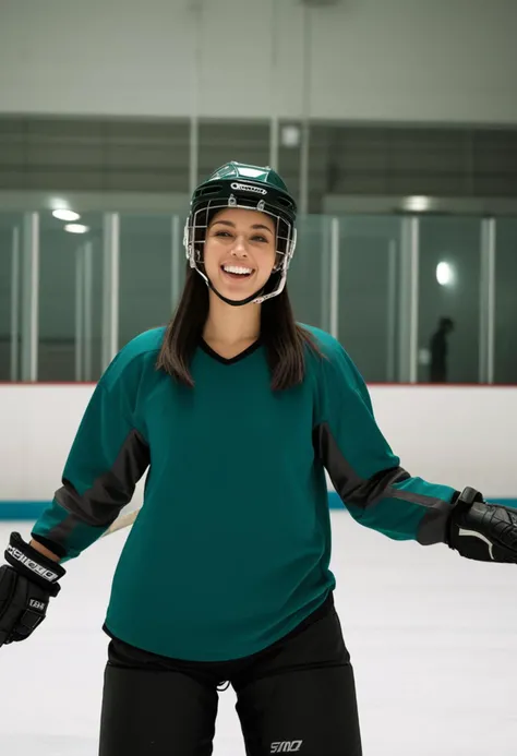 (medium full shot) of (radiant hockey player) young woman, spanish, tan skin, turquoise eyes, petite build, medium dark layered cut hair, wearing a green hockey jersey, hockey helmet, padded shorts, sneakers, shoulder pads, set in Practice Rink, smaller than the main rink, used for team practices, nets at either end, cones and pucks scattered on the ice, a few spectators watching, at night, woman laughing, jumping in the air, ,Masterpiece,best quality, photo, realistic, very aesthetic, detailed face,