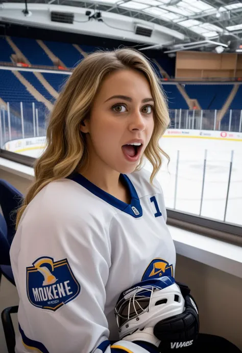 (medium full shot) of (elegant hockey player) young woman, swedish, tan skin, hazel eyes, curvy build, medium blonde wavy down hair,  wearing a white practice shirt, hockey helmet, hockey pants, ice skates,  shoulder pads, set in  Arena, Press Box, equipped with desks and chairs, overlooking the rink, complete with broadcasting equipment, windows providing a clear view of the action, monitors displaying game stats, at night, woman surprised, open mouth, pointing her finger at the viewer,  ,Masterpiece,best quality, photo, realistic, very aesthetic, detailed face,