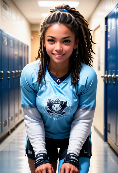 (medium full shot) of (strong hockey player) young woman, african, dark skin, black eyes, voluptuous build, medium dark dreadlocks hair,  wearing a light blue practice jersey,  compression pants, ice skates, holding a puck, set in  Locker Room, spacious room with individual lockers, benches in the center, equipment strewn about, motivational posters on the walls, a whiteboard for strategy planning, at night, woman smiling at the viewer,  ,Masterpiece,best quality, photo, realistic, very aesthetic, detailed face,