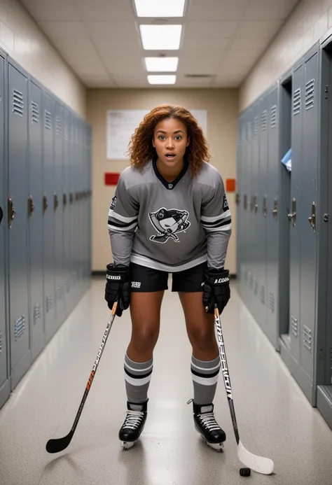 (medium full shot) of man, (robust hockey player) young woman, african, dark skin, light brown eyes, Medium build, medium ginger hair, wearing a grey hockey jersey, hockey helmet, padded shorts, sneakers, shin guards, set in Locker Room, spacious room with individual lockers, benches in the center, equipment strewn about, motivational posters on the walls, a whiteboard for strategy planning, at night, woman surprised, open mouth, running toward the viewer, Masterpiece,best quality, photo, realistic, very aesthetic, detailed face,
