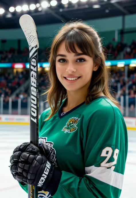 (medium full shot) of (fashionable hockey player) young woman, brazilian, tan skin, dark green eyes, lithe build, medium dark curtain bangs hair,  wearing a dark green hockey jersey,  compression pants, sneakers, holding a hockey stick, holding a puck, set in  Indoor Rink, bright overhead lights, smooth ice surface, boards and glass enclosing the rink, benches for players, a scoreboard at one end, at night, woman smiling at the viewer,  ,Masterpiece,best quality, photo, realistic, very aesthetic, detailed face,