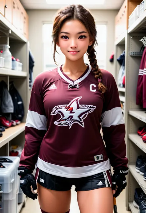 (medium full shot) of (glamorous hockey player) young woman, korean, tan skin, hazel eyes, slender build, short brown double braids hair,  wearing a maroon practice jersey,  hockey pants, sneakers, holding a hockey stick, holding a puck, set in  Equipment Room, adjacent to the locker room, shelves stocked with spare equipment, a workbench for repairs, neatly organized, a small fridge with drinks , at sunset, woman smiling at the viewer,  ,Masterpiece,best quality, photo, realistic, very aesthetic, detailed face,