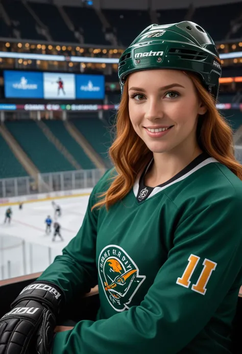 (medium full shot) of man, (powerful hockey player) young woman, south african, dark skin, brown eyes, Medium build, medium ginger  hair,  wearing a dark green practice shirt, hockey helmet, hockey pants, ice skates, gloves, set in  Arena, VIP Box, luxurious area with comfortable seating, a great view of the rink, food and drink service, television screens, large windows, woman smiling at the viewer, Masterpiece,best quality, photo, realistic, very aesthetic, detailed face,