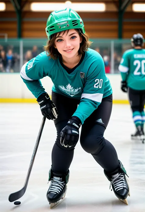 (medium full shot) of (agile hockey player) young woman, australian, fair skin, green eyes, curvy build, short dark bob hair, wearing a teal practice shirt, hockey helmet, hockey pants, sneakers, gloves, set in Public Rink, open to the community, people of all ages skating, a festive atmosphere, music playing over the speakers, a small snack bar nearby, woman smiling at the viewer, ,Masterpiece,best quality, photo, realistic, very aesthetic, detailed face,