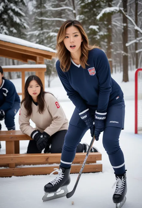 (medium full shot) of man, (imposing hockey player) young woman, japanese, tan skin, light brown eyes, curvy build, long hazel french twist hair,  wearing a navy blue practice jersey,  sweatpants, ice skates, holding a puck, set in  Outdoor Rink, surrounded by trees, fresh snow on the ground, a small warming hut nearby, benches for changing skates, kids playing hockey, adults skating leisurely, woman surprised, open mouth, pointing her finger at the viewer, Masterpiece,best quality, photo, realistic, very aesthetic, detailed face,