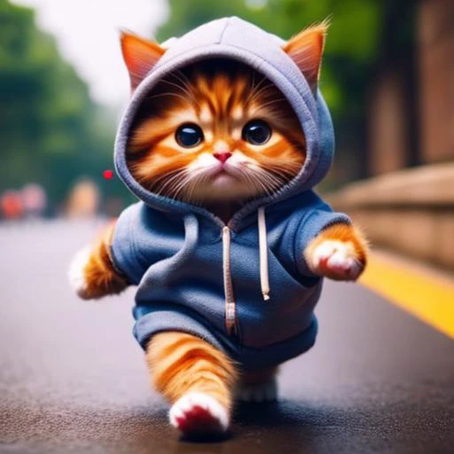 no humans, animal focus, hood, blurry, outdoors, animal, cat, solo, hoodie, walking, realistic, whiskers, blurry background, photo background