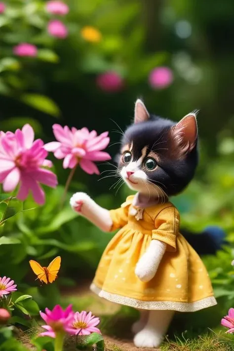 A shy sweet little cat girl in a flowery summer dress grinning in a sunny garden, tries to catch small butterflies, plush, fluffy, adorable, Hyperdetailed Photography, cinematic, best quality, ultra-detailed