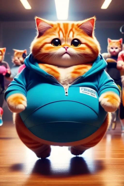 animal focus, no humans, cat, hood, big eyes, animal, fat cat doing exercise,sweat a lot,fat cat skipping rope