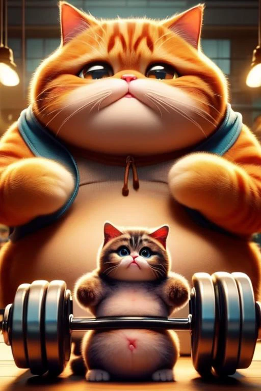animal focus, no humans, cat, hood, big eyes, animal, fat cat doing exercise,sweat a lot,Fat cat lifting dumbbells