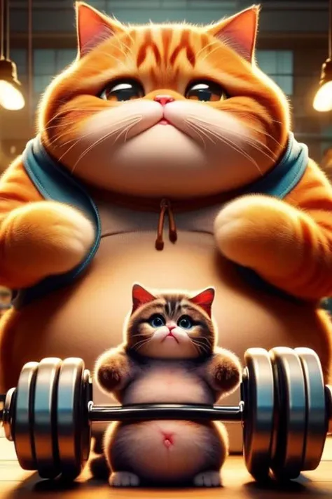 animal focus, no humans, cat, hood, big eyes, animal, fat cat doing exercise,sweat a lot,Fat cat lifting dumbbells