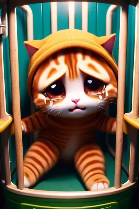 The cat did something wrong and was trapped in jail crying,chibi,personification