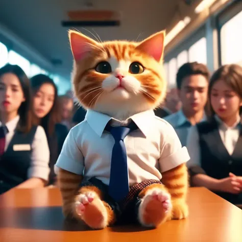 necktie, shirt, animal, white shirt, cat, multiple girls, whiskers, sleeves rolled up, train interior, sitting, phone, striped necktie, blurry, collared shirt, animal focus, multiple boys