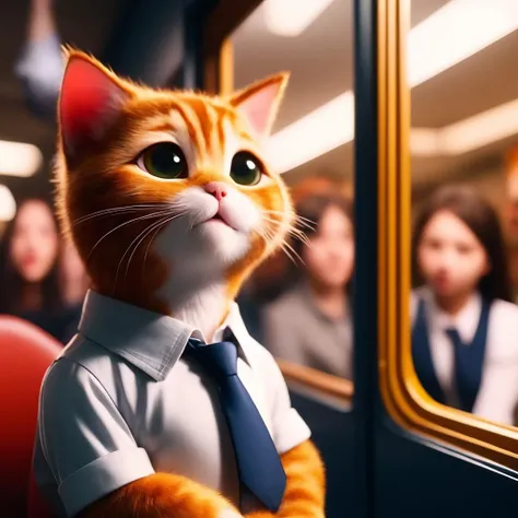 necktie, shirt, animal, white shirt, cat, multiple girls, whiskers, sleeves rolled up, train interior, sitting, phone, striped necktie, blurry, collared shirt, animal focus, multiple boys