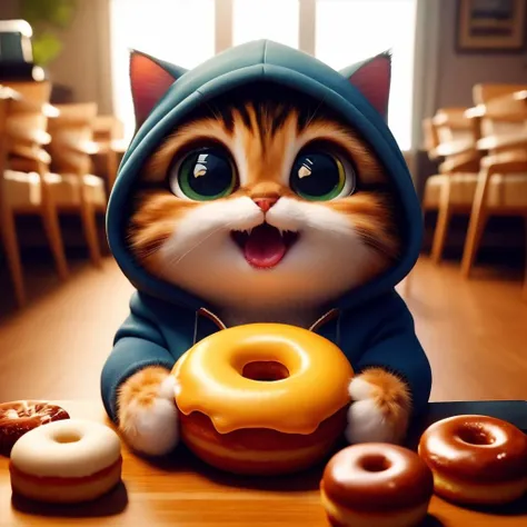 animal focus, food, no humans, eating, cat, hood, big eyes, animal, holding, solo, indoors, doughnut, hood up, holding food, eat happily