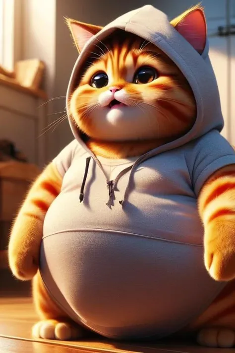 animal focus, no humans, cat, hood, big eyes, animal, fat cat doing exercise,sweat a lot